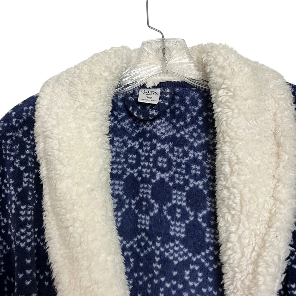 ULTA Cozy Plush Fair Isle Pattern Robe‎ Shawl Collar Belted Blue S/M